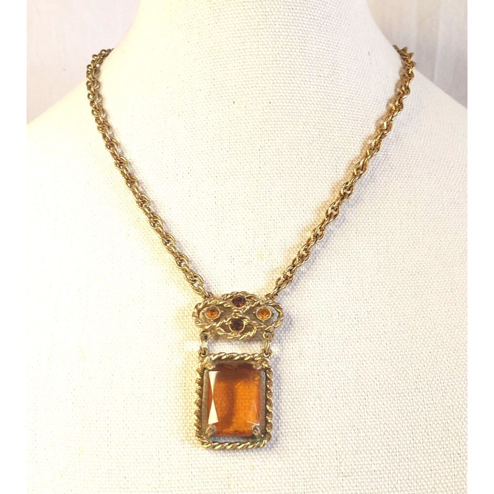 Vtg 70s Sarah Coventry WILD HONEY Amber Glass Pendant Necklace Bohemian State